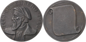 Buchdruck
 Eisengussmedaille 1940. 500 Jahre Erfindung des Buchdrucks. Brustbild Gutenbergs nach links / unbeschriftete Schriftrolle. 84 mm, 215,35 g...