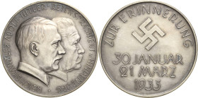 Drittes Reich
 Silbermedaille 1933 (F.W. Hörnlein) Machtergreifung Hitlers. Köpfe Hitlers und Hindenburgs nebeneinander nach rechts / 3 Zeilen Schrif...