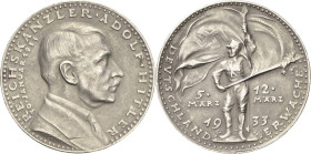 Drittes Reich
 Silbermedaille 1933 (Karl Goetz) Auf die Wahl Adolf Hitlers zum Reichskanzler. Brustbild Hitlers nach rechts / Soldat mit wehender Fah...