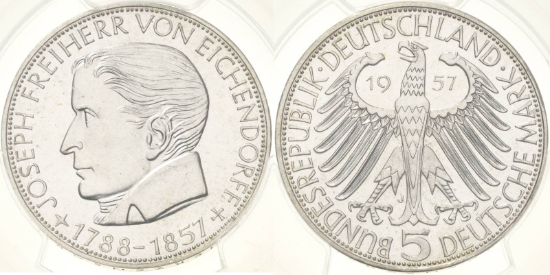 Gedenkmünzen
 5 DM 1957 J Josef Freiherr von Eichendorff. Im PCGS-Slab mit der ...