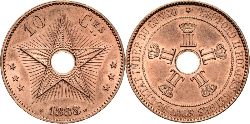 Belgisch-Kongo
Leopold II. 1865-1909 10 Centimes 1888. KM 4 Prachtexemplar. Prä...