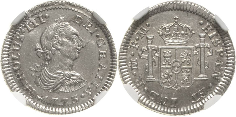 Mexiko
Karl III. 1759-1788 1/2 Real 1773, FM/Mo-Mexiko Im NGC-Slab mit der Bewe...