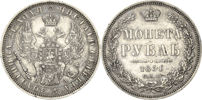 Russland
Nikolaus I. 1825-1855 Rubel 1851, SPB/PA-St. Petersburg Bitkin 228 Dav...