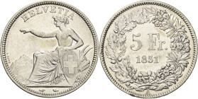 Schweiz-Eidgenossenschaft
 5 Franken 1851, A-Paris HMZ 2-1197 b Divo 12 Winz. Kratzer, vorzüglich