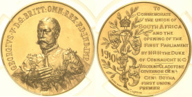 Südafrika
Georg V. 1910-1936 Goldmedaille 1910. Südafrikanische Union und Eröffnung des ersten Parlaments. Brustbild halb links / 14 Zeilen Schrift n...