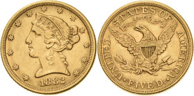 Vereinigte Staaten von Amerika
 5 Dollar 1882, o. Mzz.-Philadelphia Coronet Head KM 101 Friedberg 145 GOLD. 8.35 g. Fast vorzüglich