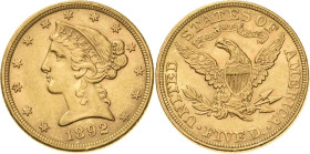 Vereinigte Staaten von Amerika
 5 Dollar 1892, o. Mzz.-Philadelphia Coronet Head KM 101 Friedberg 145 GOLD. 8.35 g. Winz. Kratzer, vorzüglich