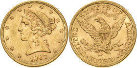 Vereinigte Staaten von Amerika
 5 Dollar 1907, D-Denver Coronet Head KM 101 Friedberg 145 GOLD. 8.35 g. Kl. Kratzer, vorzüglich