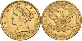 Vereinigte Staaten von Amerika
 5 Dollar 1907, o. Mzz.-Philadelphia Coronet Head KM 101 Friedberg 145 GOLD. 8.35 g. Winz. Kratzer, vorzüglich