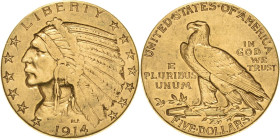 Vereinigte Staaten von Amerika
 5 Dollar 1914, o. Mzz.-Philadelphia Indian Head Friedberg 148 KM 129 GOLD. 8.34 g. Sehr schön-vorzüglich