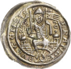 Brandenburg, Markgrafschaft
Otto I. 1170-1184 Brakteat. Thronender Markgraf mit Kettenhemd und Helm sitzt von vorn auf Mauer zwischen zwei Türmen, in...