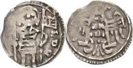 Brandenburg, Markgrafschaft
Albrecht II. 1205-1220 Denar, Stendal Stehender Markgraf hält zwei Fahnen, LDE RTC / Adler mit nach rechts gewandten Kopf...