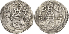 Brandenburg, Markgrafschaft
Albrecht II. 1205-1220 Denar. Sitzender Markgraf hält Fahne und Schild auf einem Bogen, über dem Schild eine Lilie, im Fe...