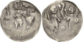 Brandenburg, Markgrafschaft
Albrecht II. 1205-1220 Denar. Stehender Markgraf hält Schwert, Fahne und Schild, links Zinnenturm, zu den Seiten je ein R...