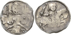 Brandenburg, Markgrafschaft
Albrecht II. 1205-1220 Denar. Brustbild mit zwei Fahnen zwischen zwei Adlerköpfen über Dreibogen mit Turm zwischen zwei R...