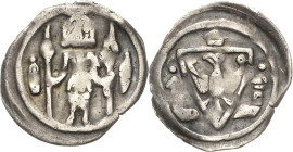 Brandenburg, Markgrafschaft
Johann I. und Otto III. 1220-1267 Denar. Stehender Markgraf mit zwei Lanzen zwischen zwei Kuppeltürmen / Adlerschild zwis...