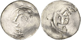 Halberstadt - Bischöfliche Prägungen
 Arnulf von Ilsenburg 996-1023 Pfennig. Kopf mit einem Diadem nach links / Holzkirche, im waagerecht schraffiert...