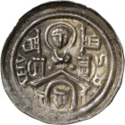 Magdeburg, Erzbistum
Ludolf von Kroppenstedt 1192-1205 Brakteat. Brustbild des Hl. Moritz zwischen 2 Zinnentürmen und 2 Fahnen über Giebel, darin Kop...