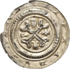 Pegau, Abtei
Siegfried von Rekkin 1185-1224 Brakteat Krükenkreuz, in den Winkeln Kopf, Kreuz, Reichsapfel, Krummstab, SIFRIDVS ABAS P.-K. - Thieme 91...