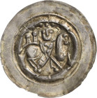 Schwarzburg, Grafschaft
Günther IV. 1231-1259 Brakteat, Königssee Reiter mit Fahne und Schild nach rechts, links zwei Türme auf Bogen Fischer - Bethe...