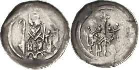 Selz (Elsass), Abtei
Anonym Pfennig Brustbild von vorn über zweibogigem Mauerwerk, in den Händen Lilienstab und ein von einem Engel gereichter Kreuzs...