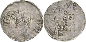 Straßburg, kgl. Münzstätte
Heinrich II. 1002-1024 Denar Gekröntes Brustbild von vorn, HEINRICVS IMPR AV / Schriftkreuz aus ARGENTINA, darüber zwei Ki...