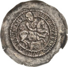 Thüringen, Landgrafschaft
Heinrich I. 1263-1308 Brakteat Weißensee Seeländer Fälschung. nach links reitender Landgraf mit Fahne, darunter Gebäude, HE...