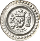 Ulm, königliche Münzstätte
Friedrich II. 1215-1250 Brakteat. Bekröntes Brustbild, dessen Halsabschnitt geperlt ist, zwischen Blütenzweig und Kuppeltu...
