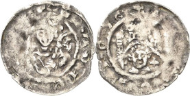 Würzburg, Bistum
Otto von Lobdeburg 1207-1223 Denar nach 1216. Brustbild mit Buch und Krummstab / Dreitürmiges Gebäude über Bogen, darin Kopf zwische...
