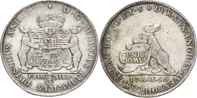 Anhalt-Köthen
August Ludwig 1728-1755 2/3 Taler 1750, AW-Köthen Feinsilber. Bär...