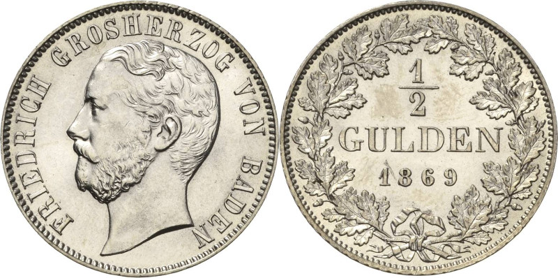 Baden-Durlach
Friedrich als Großherzog 1856-1907 1/2 Gulden 1869, Karlsruhe AKS...