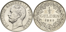 Baden-Durlach
Friedrich als Großherzog 1856-1907 1/2 Gulden 1869, Karlsruhe AKS 128 Jaeger 83 Prachtexemplar. Stempelglanz