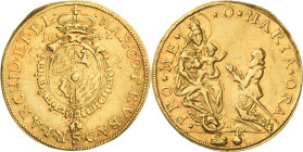 Bayern
Maximilian I., als Kurfürst 1623-1651 Doppeldukat 1642, München Ovales fünffeldiges, mit der Vlieskette behangenes Wappen unter Kurhut / Der g...