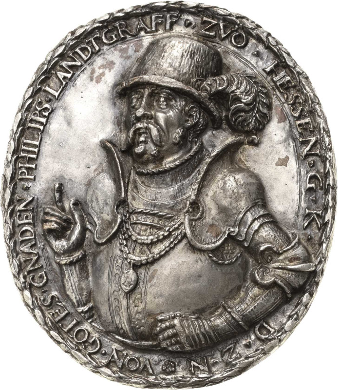 Hessen
Philipp der Großmütige 1509-1567 Versilberte ovale Bronzegussmedaille o....