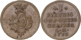 Reuss-Ältere Linie - Untergreiz
Heinrich III. 1733-1768 Pfennig 1752, Saalfeld Schmidt und Knab 370 Attraktives Exemplar. Vorzüglich-prägefrisch