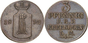 Reuss-Jüngere Linie - Ebersdorf
Heinrich LI. 1779-1822 3 Pfennig 1812, Saalfeld AKS 53 Jaeger 93 Schmidt und Knab 611 Selten. Schrötlingsfehler, vorz...