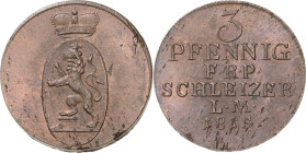 Reuss-Jüngere Linie - Schleiz
Heinrich XLII. 1784-1818 3 Pfennig 1815, Saalfeld Schmidt und Knab 534 Jaeger 121 AKS 25 Selten in dieser Erhaltung. Kl...