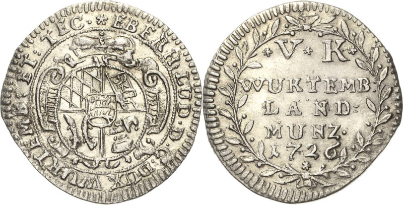 Württemberg
Eberhard Ludwig 1693-1733 5 Kreuzer 1726. Klein/Raff 65.2 Ebner - S...