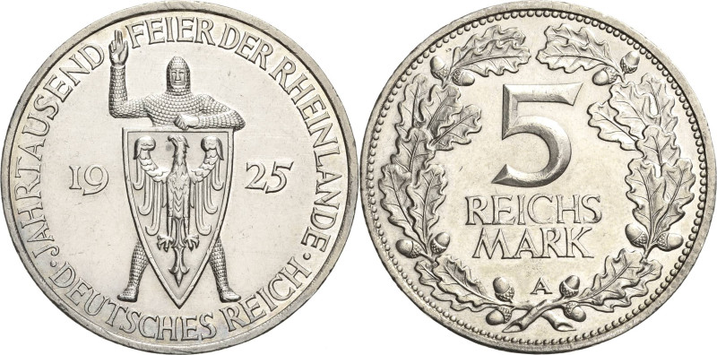 5 Reichsmark 1925 A Rheinlande Jaeger 322 Fast vorzüglich/vorzüglich-Stempelglan...