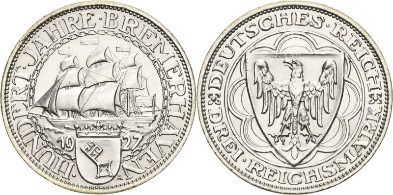 3 Reichsmark 1927 A Bremerhaven Jaeger 325 Stempelglanz/ fast Stempelglanz