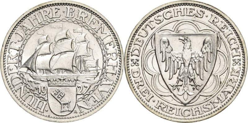 3 Reichsmark 1927 A Bremerhaven Jaeger 325 Vorzüglich-Stempelglanz