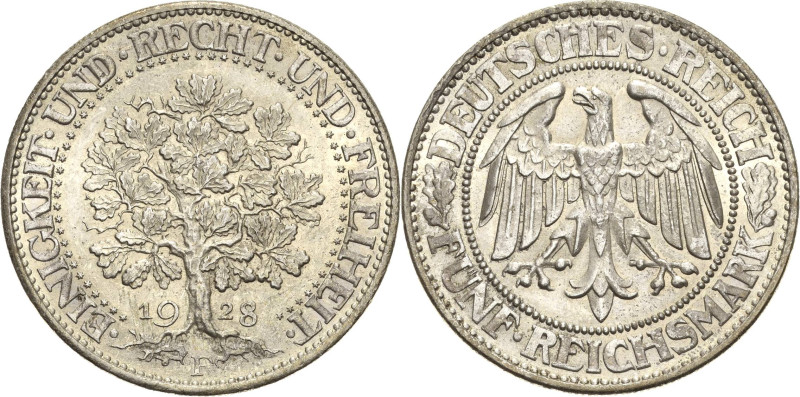 5 Reichsmark 1928 F Eichbaum Jaeger 331 Vorzüglich-Stempelglanz