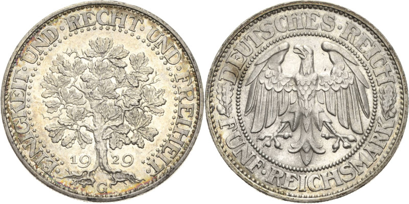 5 Reichsmark 1929 G Eichbaum Jaeger 331 Vorzüglich-Stempelglanz