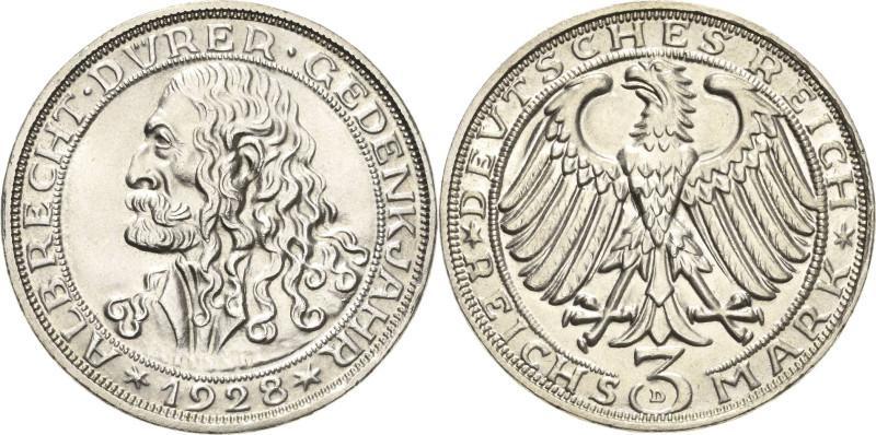 3 Reichsmark 1928 D Dürer Jaeger 332 Kl. Randfehler, prägefrisch