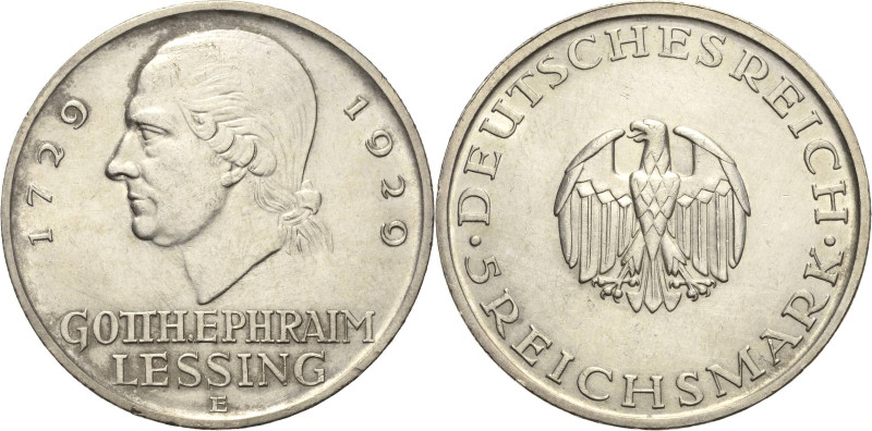 5 Reichsmark 1929 E Lessing Jaeger 336 Leicht berieben, vorzüglich