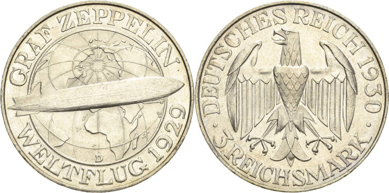 3 Reichsmark 1930 D Zeppelin Jaeger 342 Stempelglanz