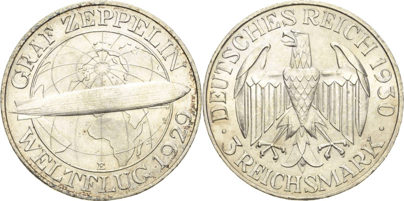 3 Reichsmark 1930 E Zeppelin Jaeger 342 Kl. Randfehler, fast Stempelglanz