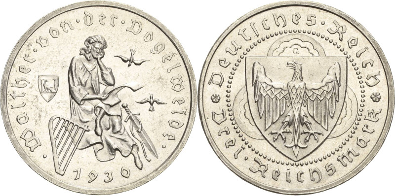 3 Reichsmark 1930 G Vogelweide Jaeger 344 Vorzüglich-Stempelglanz