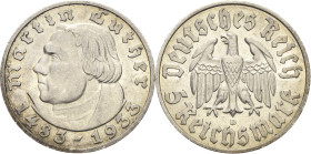 5 Reichsmark 1933 D Luther Jaeger 353 Vorzüglich