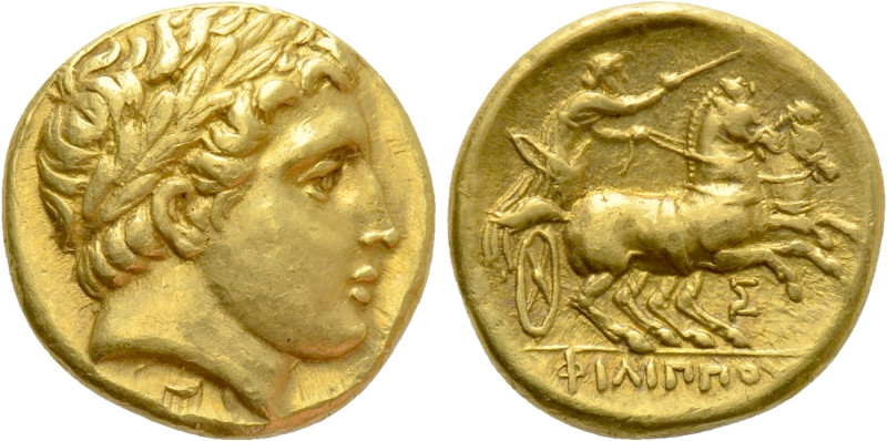 KINGS OF MACEDON. Philip II (359-336 BC). GOLD Stater. Teos. 

Obv: Laureate h...